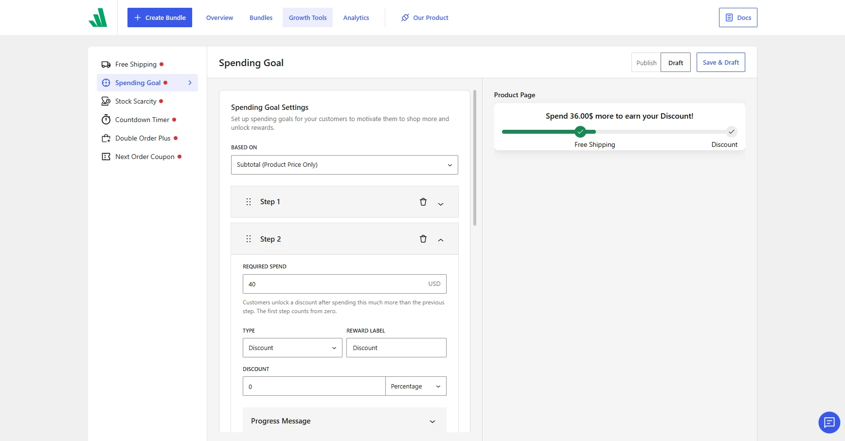 Setting up steps for the spending goal