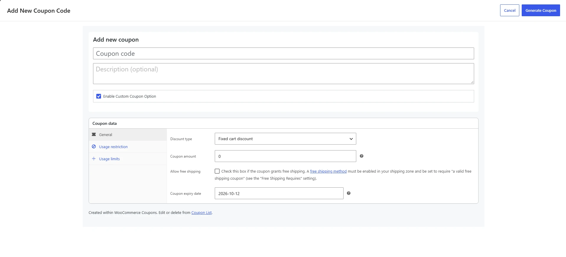create new coupon