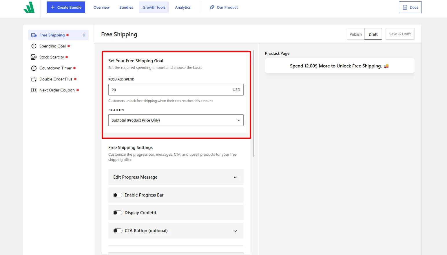 free shipping goal setting up required spend