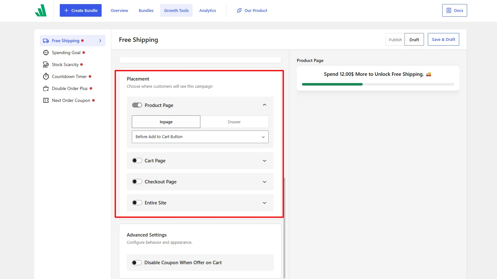 free shipping placement settings