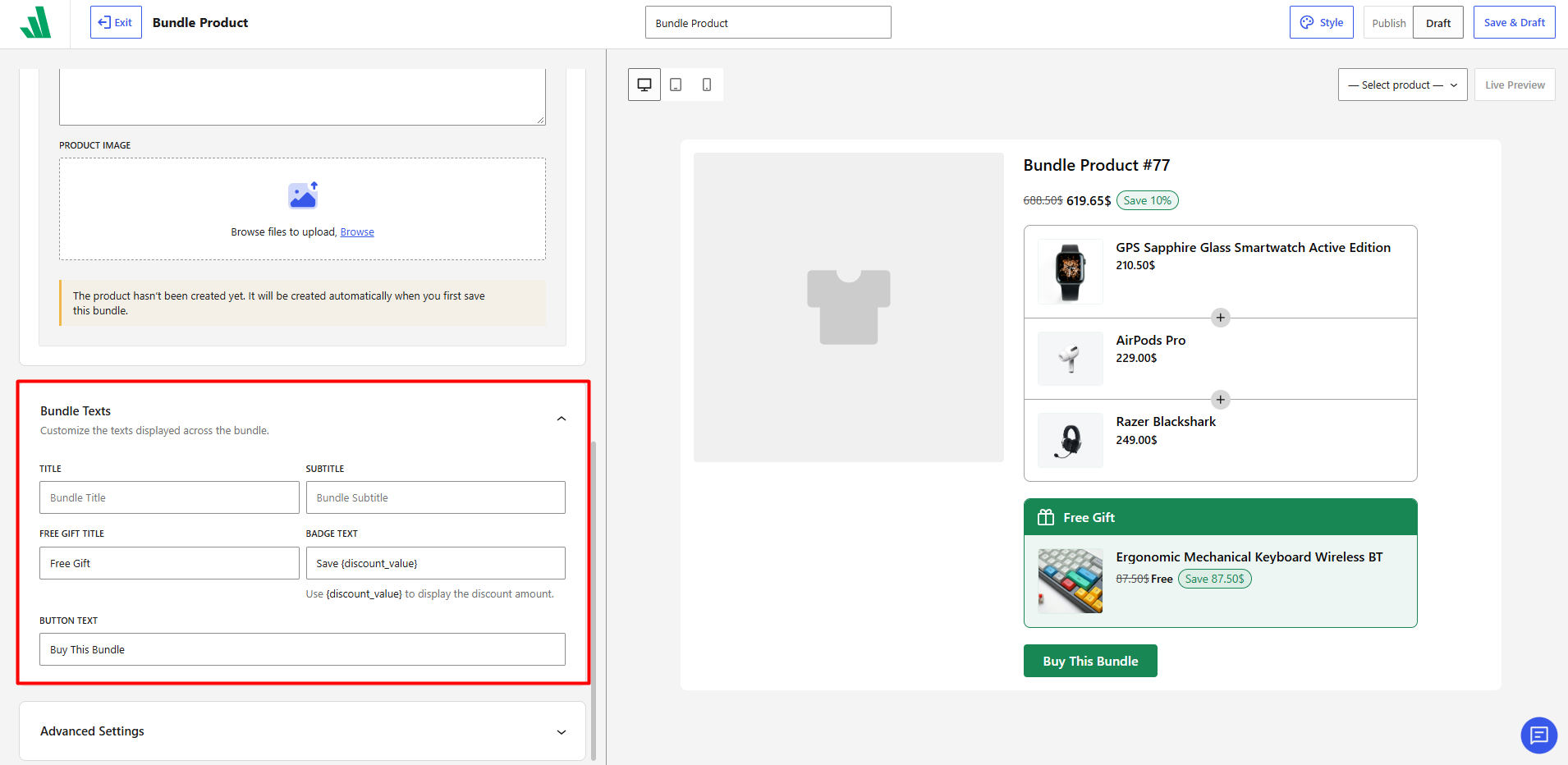 Image showing customizing bundle texts