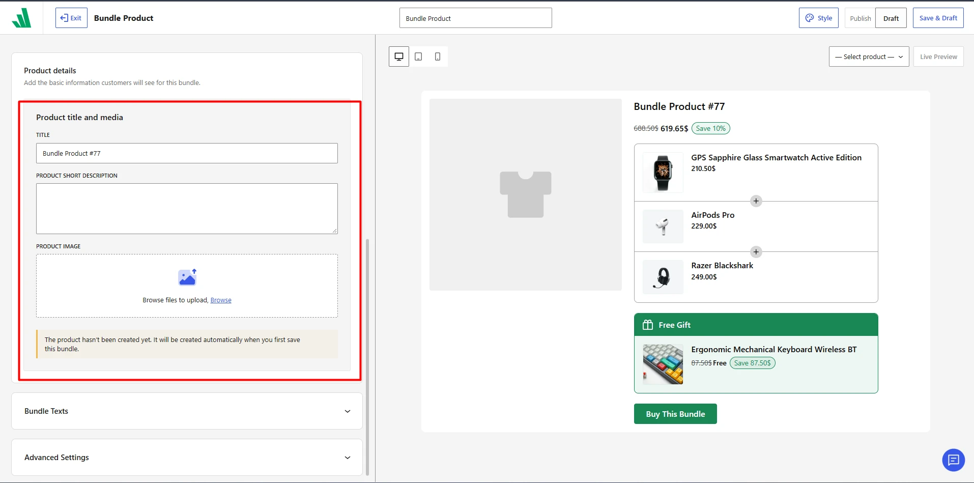 Image showing setting up bundle product type