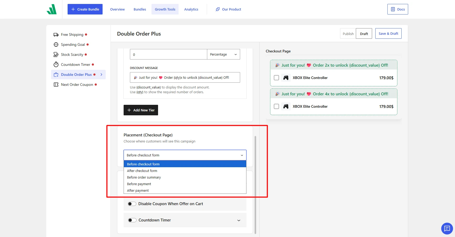 setting up placements for the double order