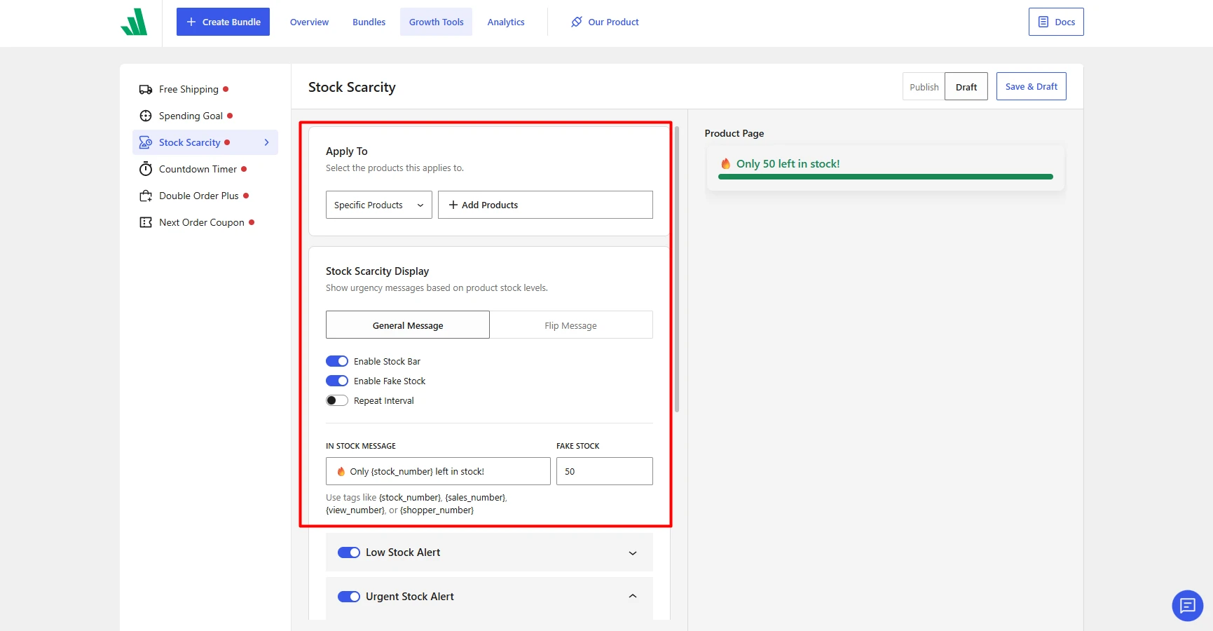 stock scarcity display settings