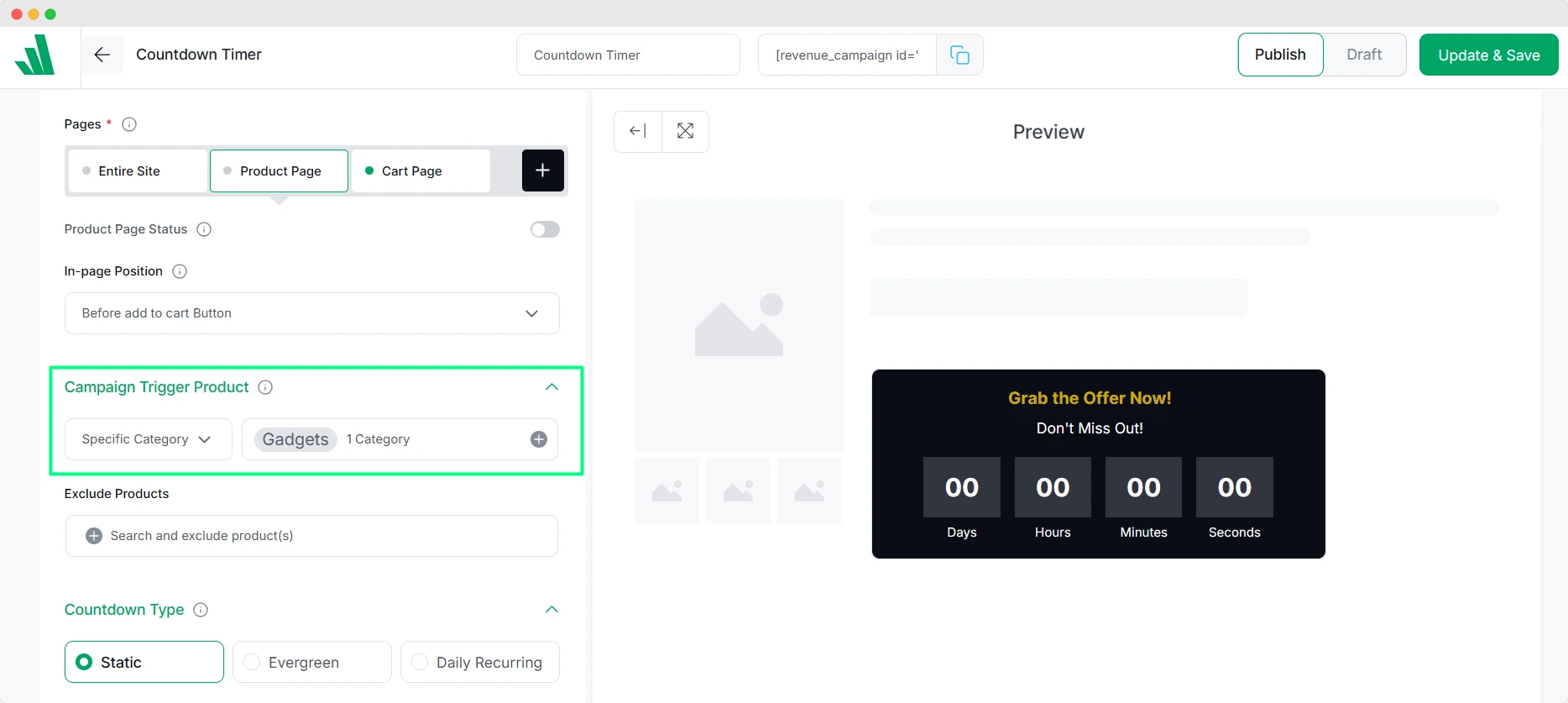 specify specific products or product categories for the timer