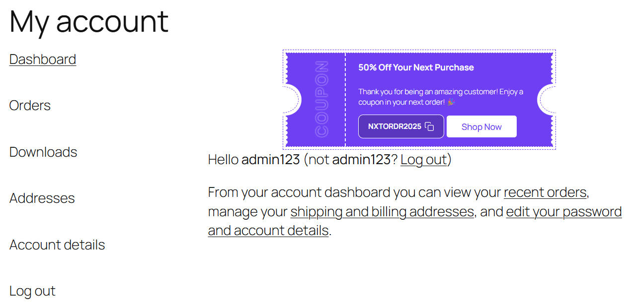Next Order Coupon in My Account Page