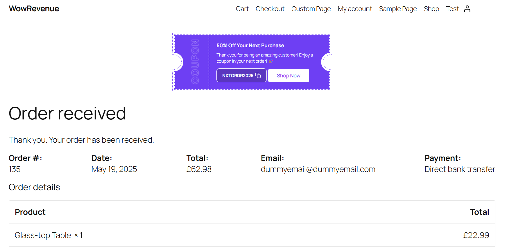 Next Order Coupon in Thank You Page