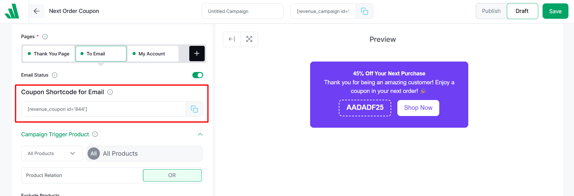 Next order coupon Email shortcode for email