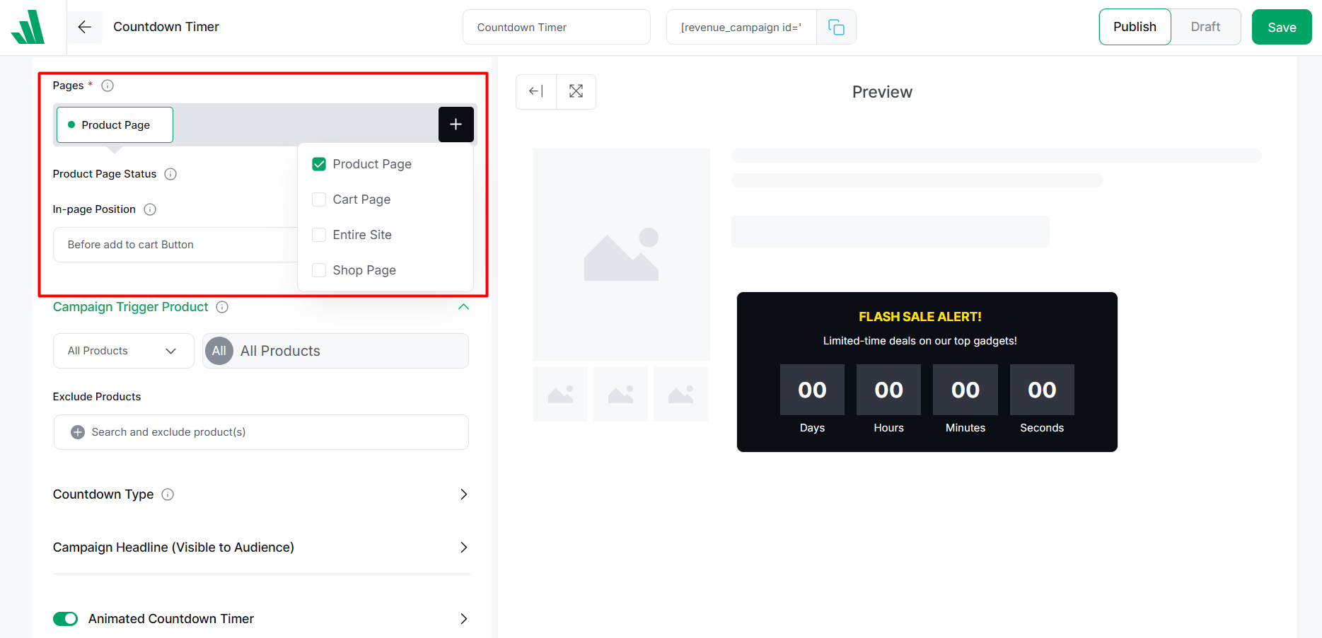 choose target pages for the countdown timer