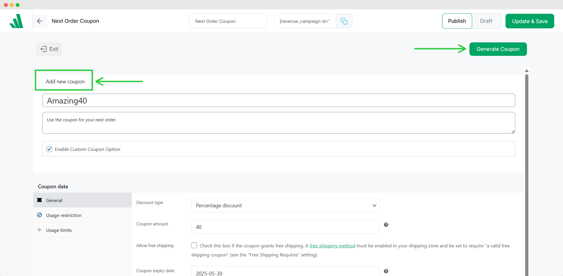create and manage coupons inside wowrevenue