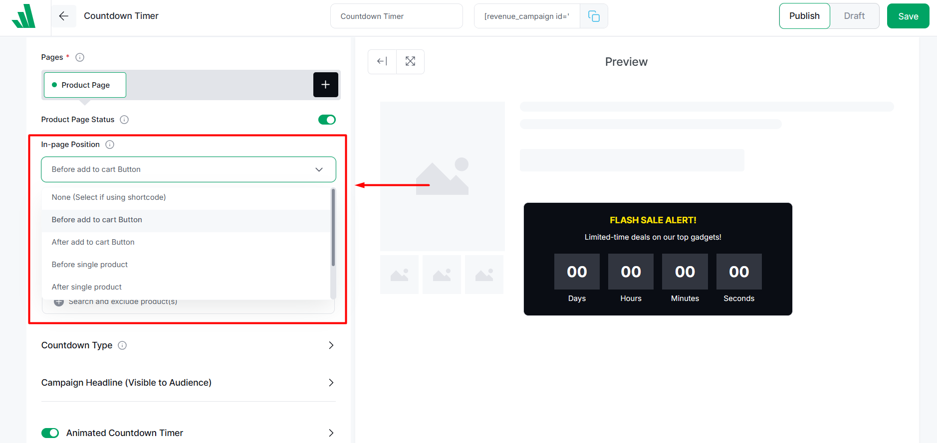 set positioning for the countdown timer
