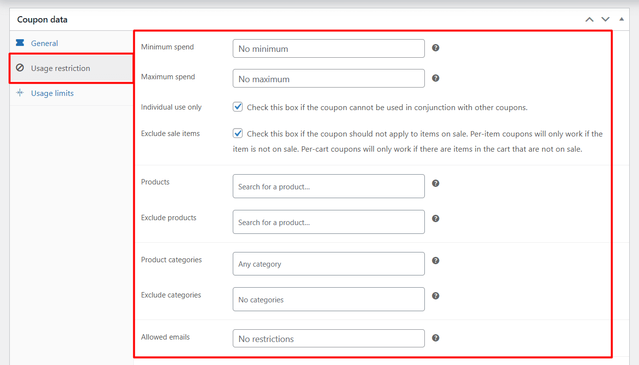 set up usage restriction for coupon
