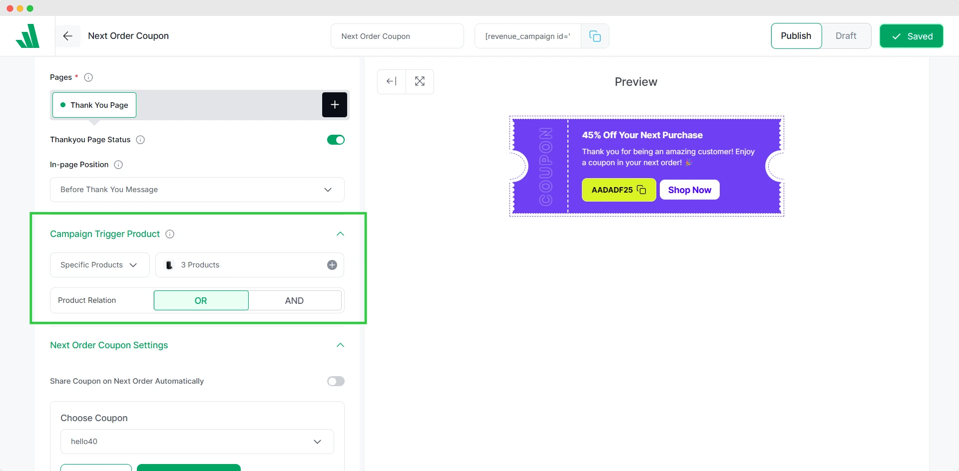 setting trigger products for next order coupon