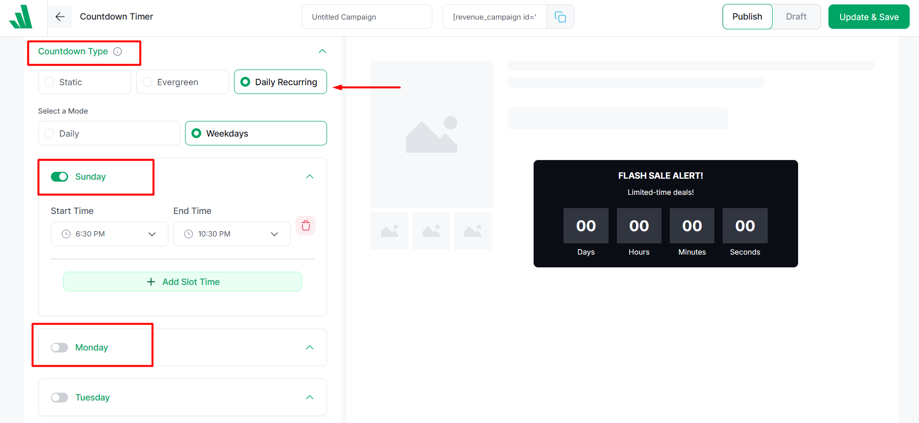 show countdown timer on specific days of the week
