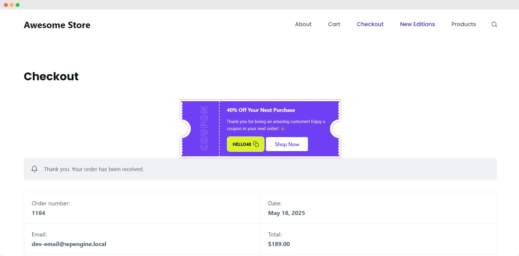 show coupon on thank you and my account pages