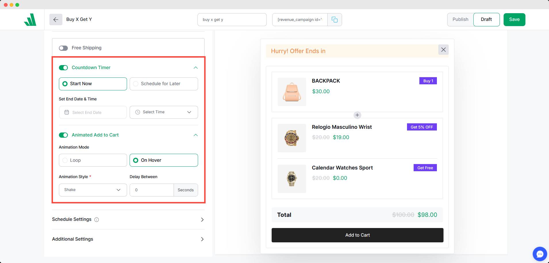 Countdown timer, Free shipping and animated add to cart