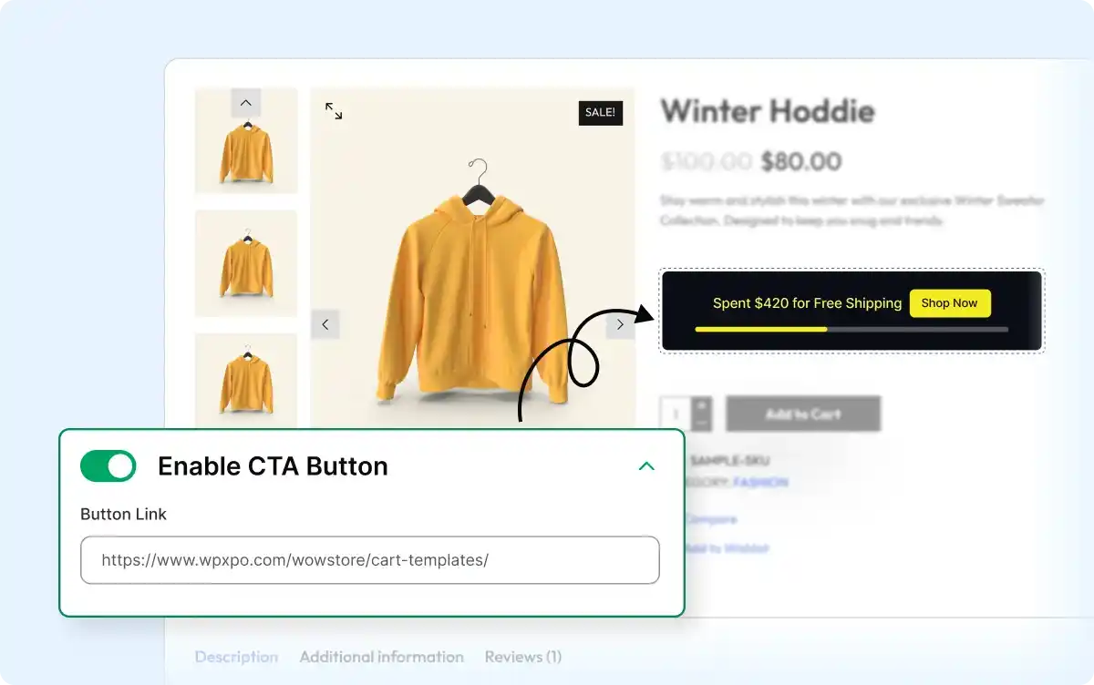 Adding a cta button and URL for the free shipping bar.