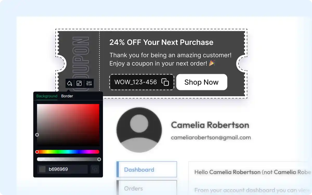 Customizing the next order coupon campaign with available options.