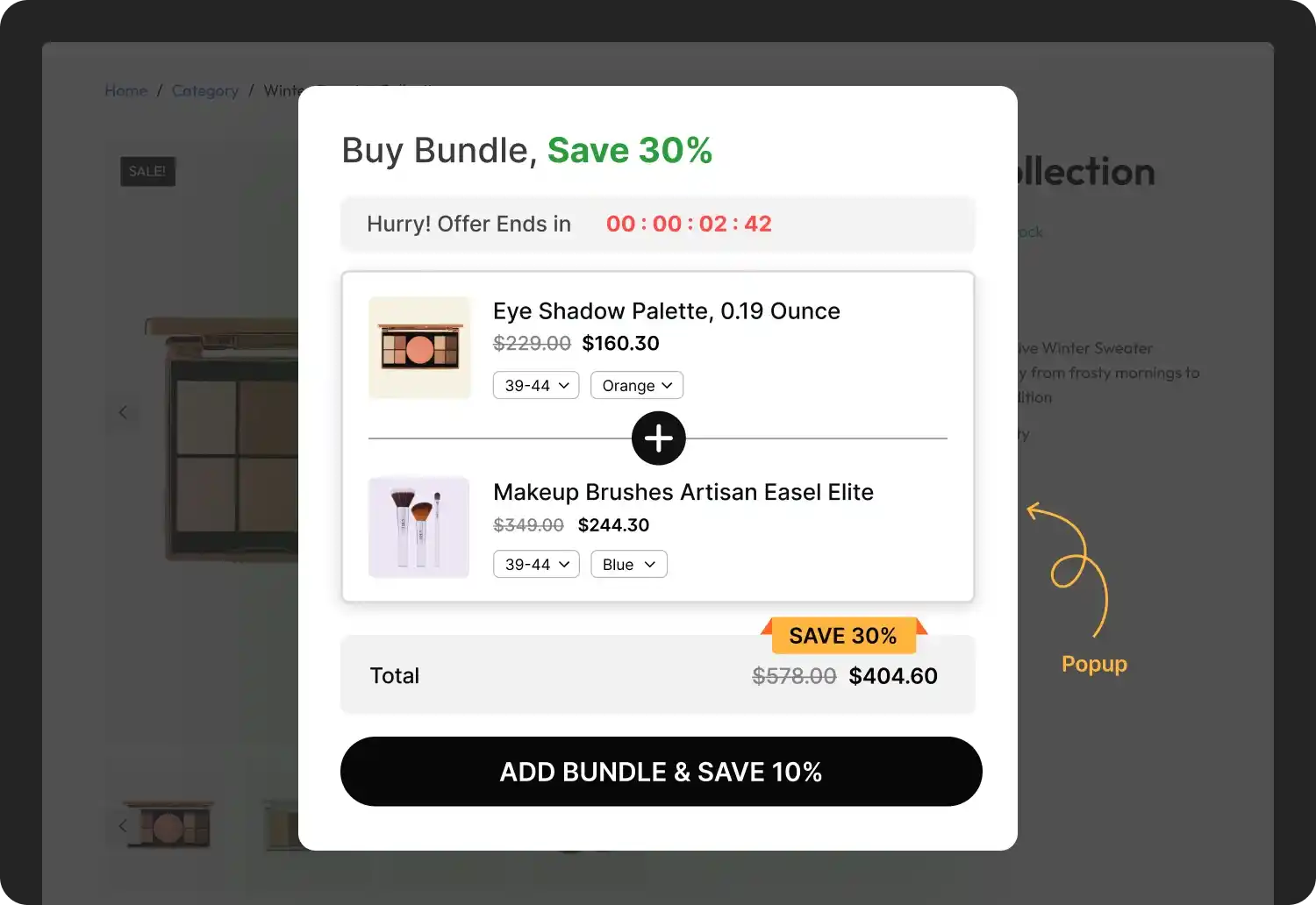 Popup Upselling Preview with WowRevenue's Bundle Feature.