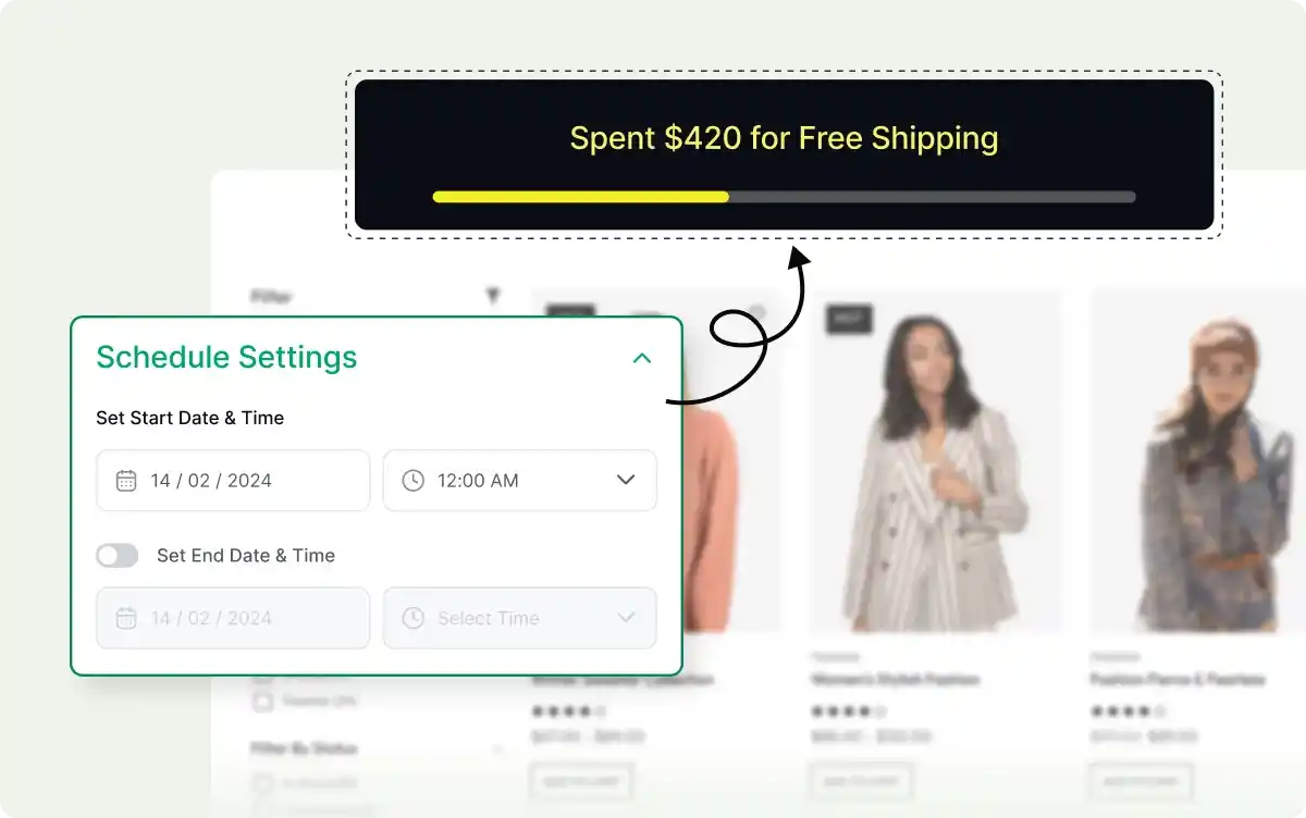 Scheduling the free shipping bar campaign with a start and end date.