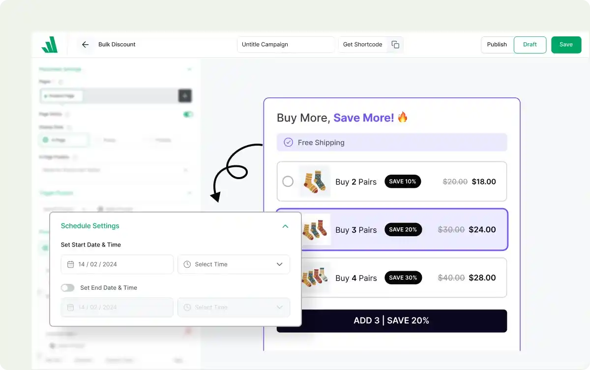 Scheduling a bulk discount campaign with a start and end date.
