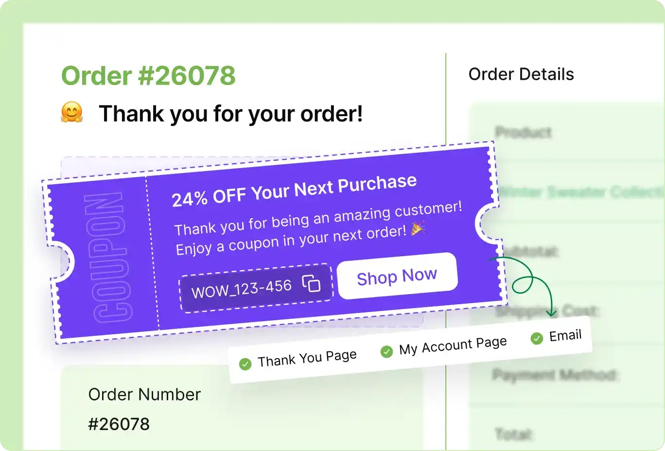 Thank Page Upselling Preview of WowRevenue's Next Order Coupon Feature.
