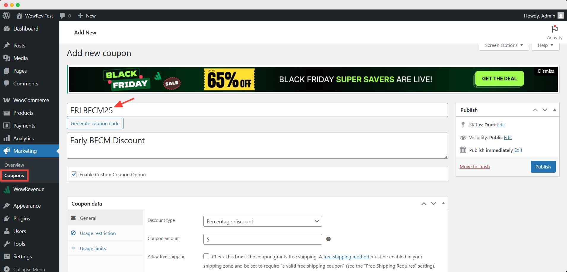Create a coupon in WooCommerce