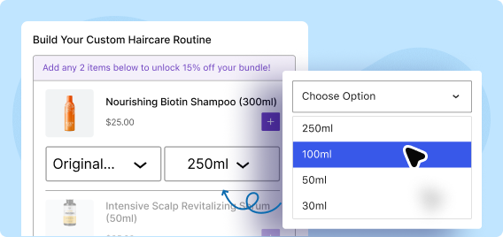 Banner showing customers choosing specific variations to build their mix and match bundle