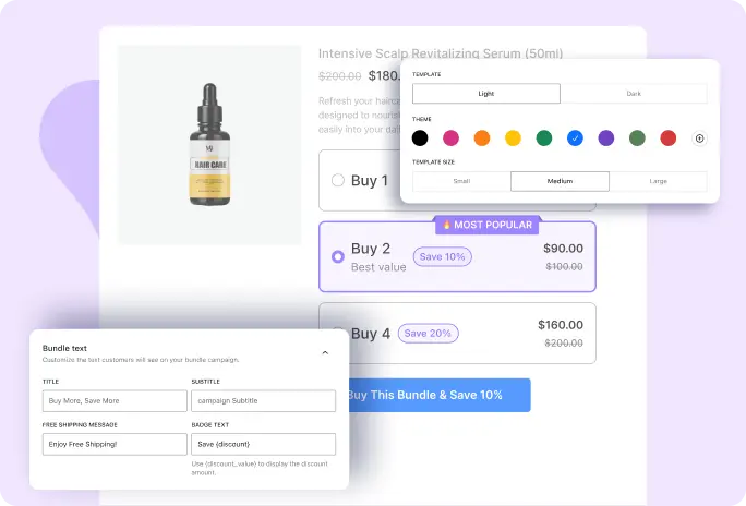 A backend dashboard interface showing settings for a "Buy More, Save More" bundle campaign, including options to customize the template layout (Light or Dark), color theme, template size, and bundle text fields such as title, subtitle, free shipping message, and badge text.