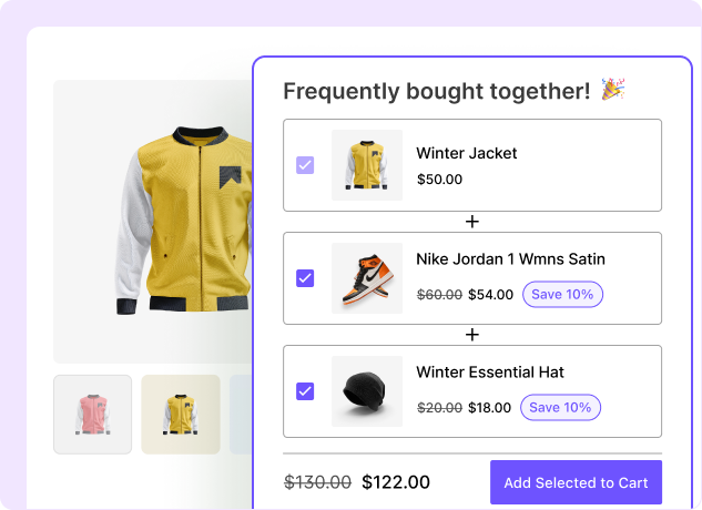Live storefront preview of a "Frequently Bought Together" bundle widget featuring a winter jacket, Nike Jordan sneakers, and a winter hat with a total discounted price and an "Add Selected to Cart" button.