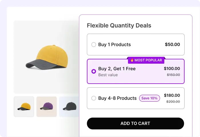 A product page widget titled "Flexible Quantity Deals" for a two-tone cap, offering three choices: Buy 1 Product for $50.00, Buy 2, Get 1 Free for $100.00 (marked as "Most Popular" and "Best value"), and Buy 4-8 Products for $180.00 with a 10% savings.