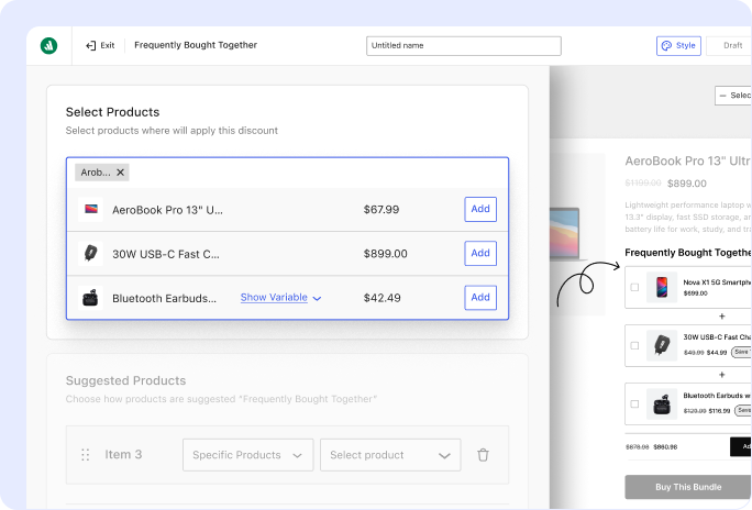 A dashboard editor view showing a product selection modal overlaying an e-commerce page, allowing merchants to configure bundled items and pricing.