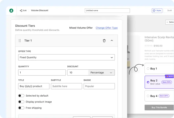 A screenshot of a volume discount setup dashboard titled "Volume Discount," displaying configuration fields for "Tier 1" where merchants can define offer types (such as Fixed Quantity), quantity thresholds, discount values (e.g., 10% percentage), display titles, subtitles, badges, and toggle settings for default selection, product images, and free shipping.