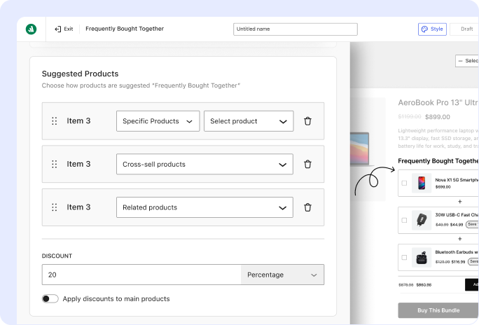 Bundle builder backend settings displaying configuration options for suggested products, such as specific products, cross-sell products, and related products - along with a percentage discount field.