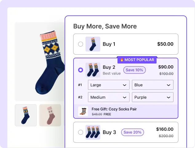 A screenshot of a WooCommerce product page featuring a "Buy More, Save More" widget with three pricing tiers: Buy 1 for $50.00, Buy 2 for $90.00 (marked as "Most Popular" with a 10% savings, size/color selectors, and a free gift of cozy socks), and Buy 3 for $160.00 with a 20% savings.