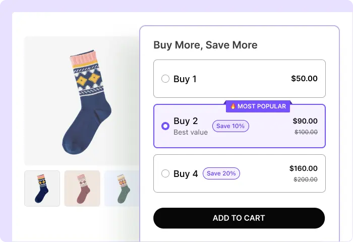 A product page widget titled "Buy More, Save More" for cozy socks, presenting three pricing choices: Buy 1 for $50.00, Buy 2 for $90.00 (highlighted as "Most Popular" with a 10% savings), and Buy 4 for $160.00 with a 20% savings.