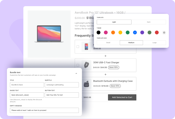 A customization menu for a bundle campaign showing options for light and dark templates, color theme selection, template sizing, and text editing fields for titles, badges, and buttons.