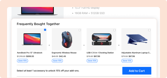 A product page preview featuring a "Frequently Bought Together" grid widget showing an AeroBook Pro 13-inch Ultrabook alongside selectable accessory add-ons like a wireless mouse, USB-C docking station, and laptop stand.