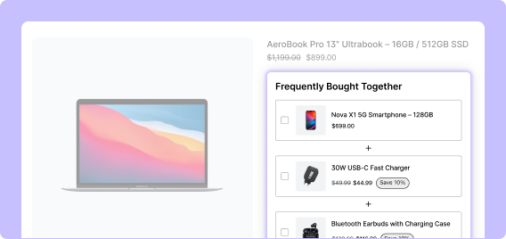 A product page layout displaying an AeroBook Pro 13-inch Ultrabook alongside a "Frequently Bought Together" vertical list widget containing selectable items like a smartphone, a 30W USB-C fast charger, and Bluetooth earbuds.