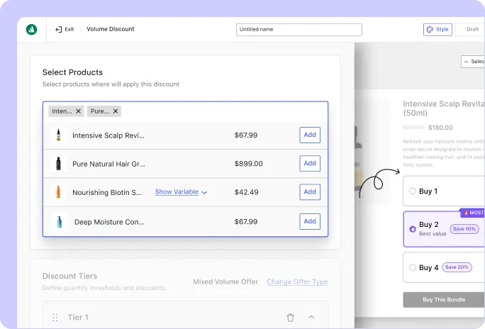 A volume discount creation dashboard displaying a "Select Products" modal with a list of hair care items and search tags, allowing merchants to choose specific products or variants to apply the discount campaign to.