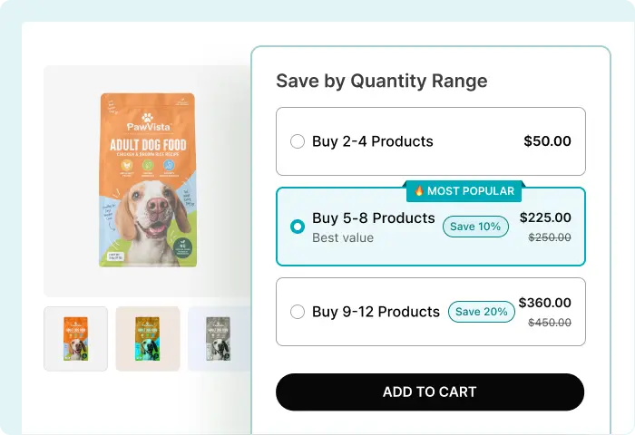 A product page widget titled "Save by Quantity Range" displaying three volume tiers: Buy 2-4 Products for $50.00, Buy 5-8 Products for $225.00 (highlighted as "Most Popular" and "Best value" with a 10% savings), and Buy 9-12 Products for $360.00 with a 20% savings.