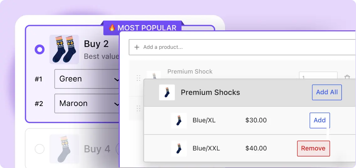 A user interface screenshot showing a WooCommerce bulk discount configuration modal with dropdowns, variation selection rows, and "Add" or "Remove" action buttons.