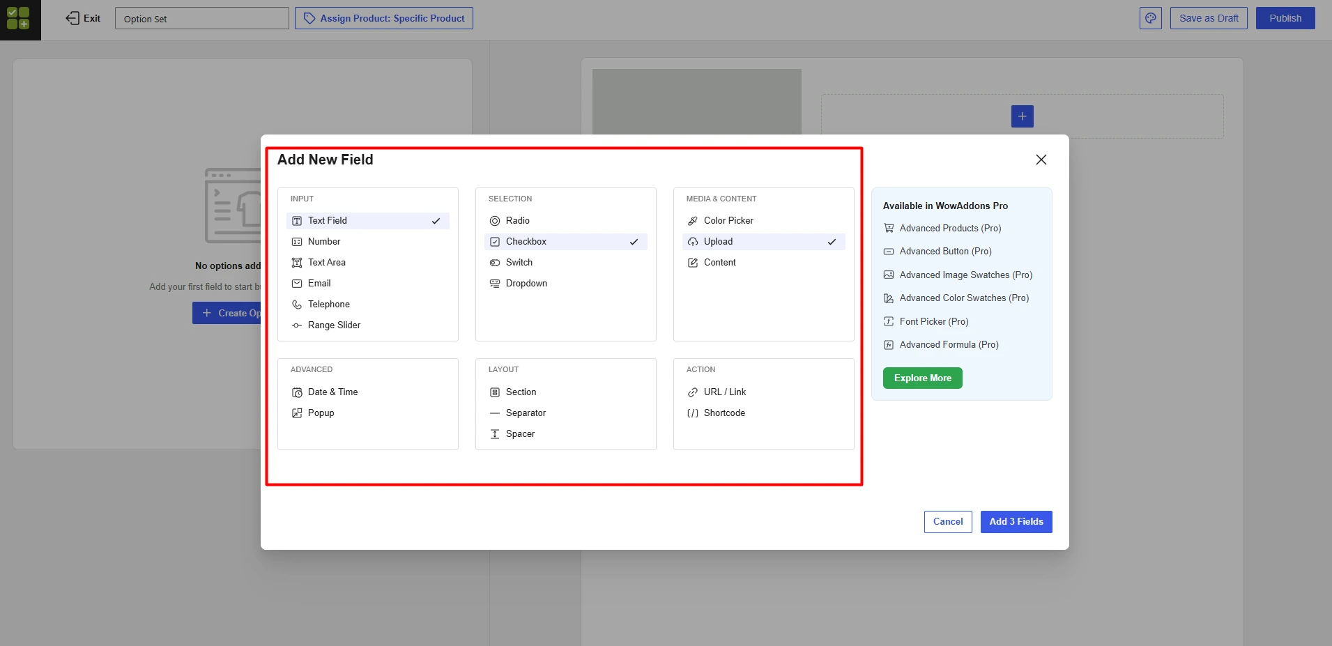 Image showing choosing the product addons fields