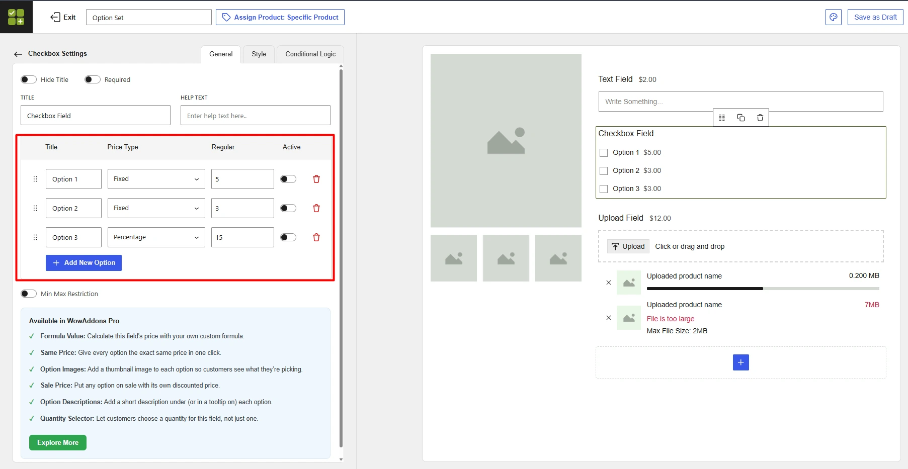 Image showing customizing addon fields options