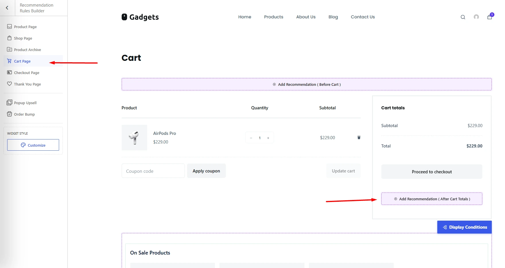 Image showing recommendation placement options