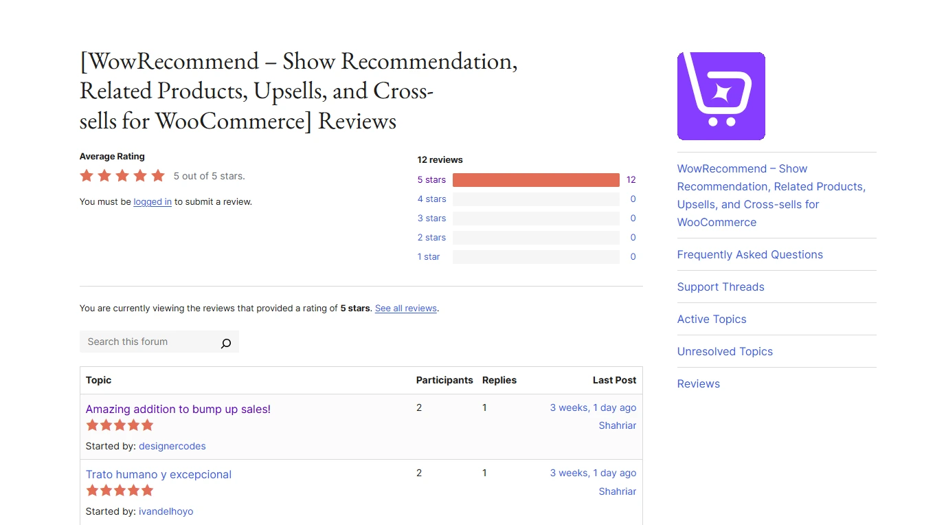 Image showing the reviews for WowRecommend